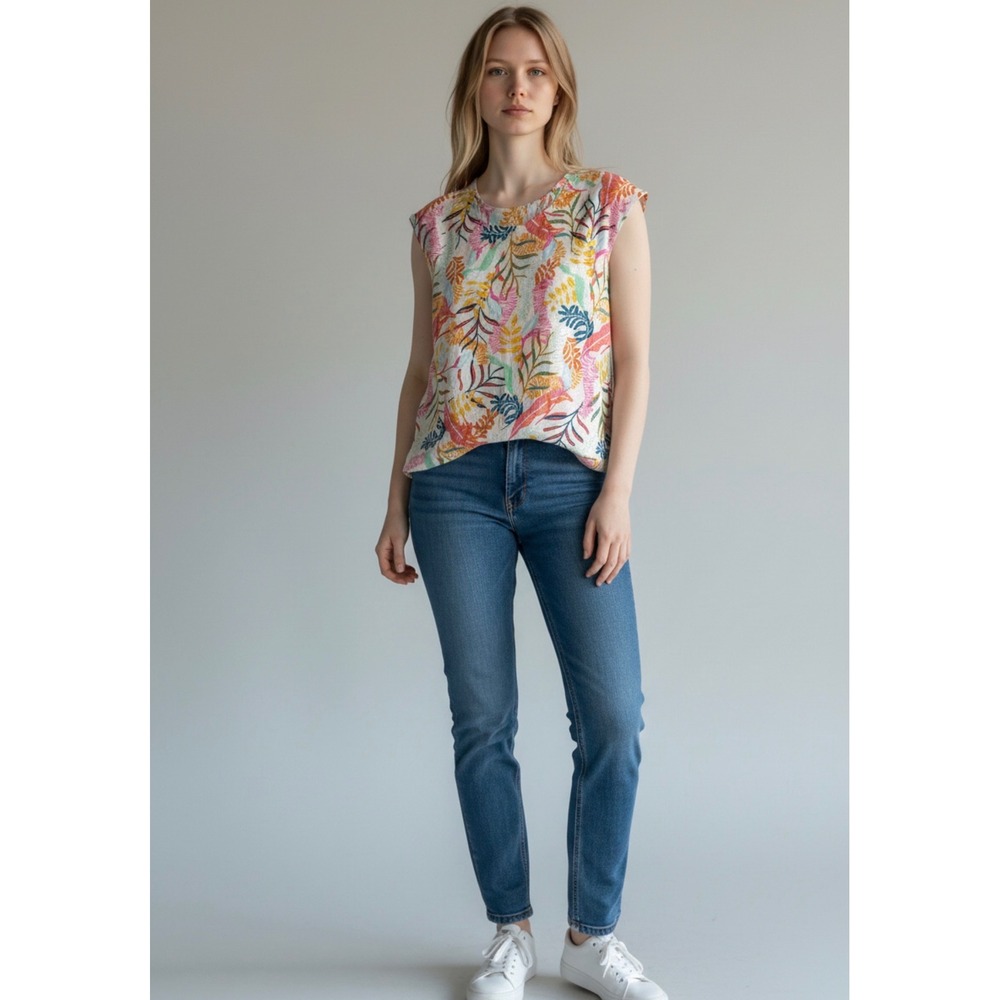 Cynthia Rowley Womens XL Linen Tropical Leaf Print Button Back Tank Top Multi
